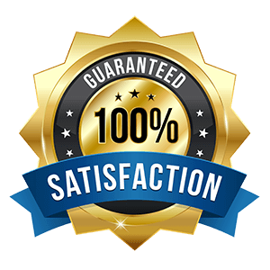 Graphic of a gold badge with blue ribbon across the front, that reads "Guaranteed 100% Satisfaction"