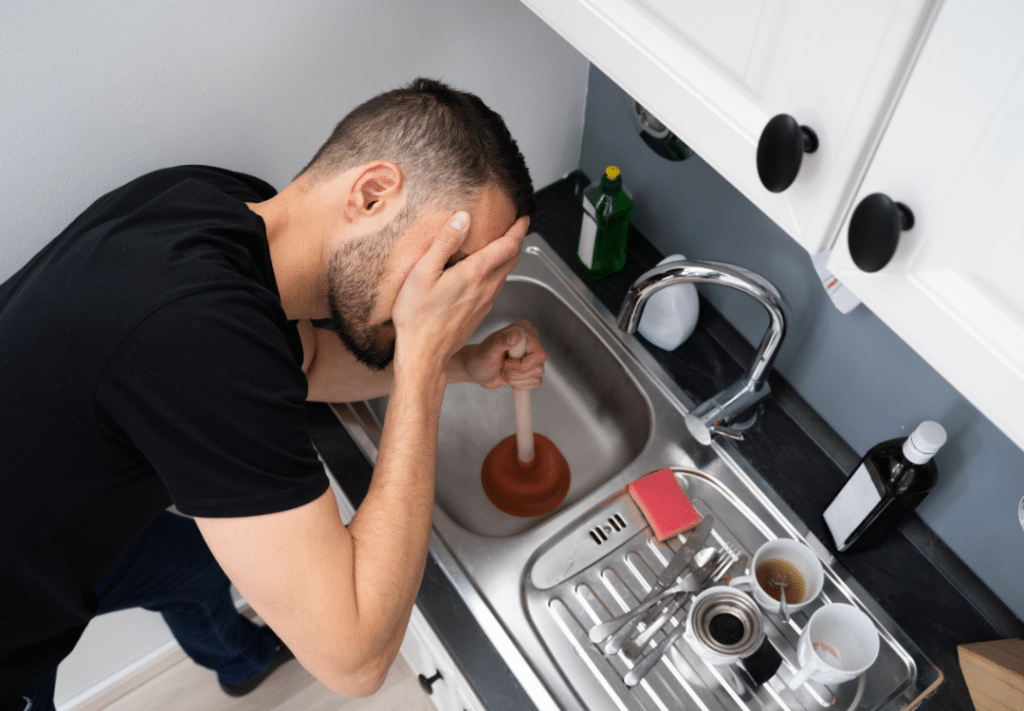 Man showing signs of stress, holding a plunger in a sink due to a clogged drain
