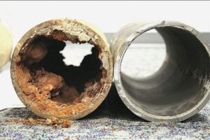 The left depicts a clogged drain pipe. The right depicts a clean drain pipe.